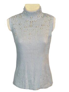 Once Again Pearl Accents Sleeveless Knit Turtleneck Top